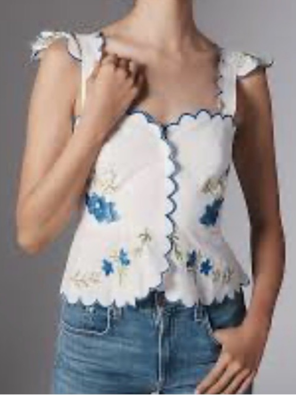 Maeve White Scallop-Trim Embroidered Floral Tank